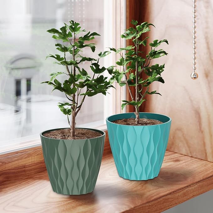 6 Pack 7 Inch Indoor Plant Pots with Drainage Holes, Outdoor Plastic Decorative Flower Pots, Garden Planters with Tray Saucers for Orchids, Violets, Succulents, Herbs, and Other Plants
