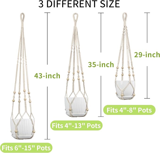Macrame Plant Hanger - Fits 4 to 15 inches Pots for Indoor Outdoor, 43"/35"/29" Different Sizes Set, Ivory (POTS NOT Included)