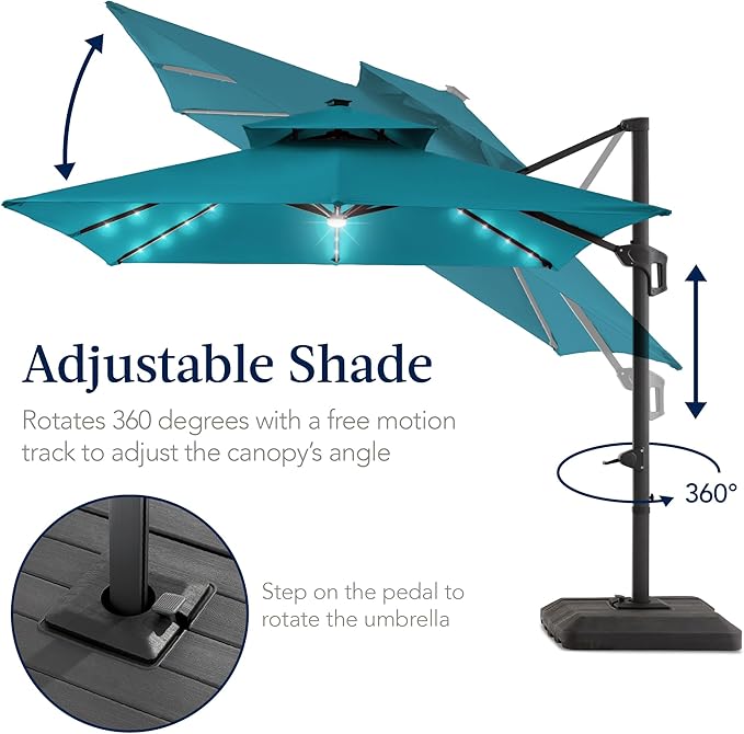 Best Choice Products 12x12ft LED Cantilever Patio Umbrella w/Base Included & 360° Rotation, Large Solar Offset Hanging Outdoor Sun Shade for Deck, Backyard Table w/Stand & Lights – Cerulean