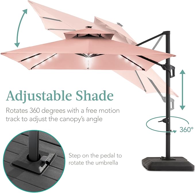 Best Choice Products 10x10ft Cantilever Patio Umbrella w/Base Included, Solar LED Lights 360 Rotation Large Offset Hanging Outdoor Shade for Deck Pool Backyard w/Stand – Rose Quartz