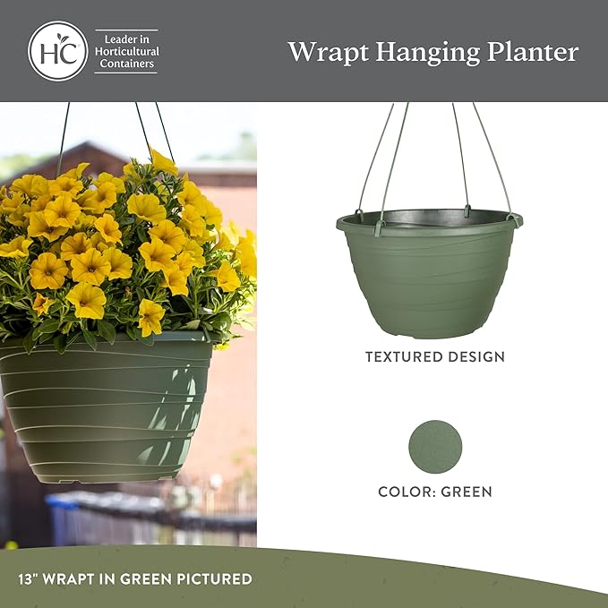 The HC Companies 13 Inch Wrapt Hanging Planters, Lightweight UV-Resistant Plastic Hanging Planters for Indoor & Outdoor Plants, 2-Pack Hanging Flower Pots for Garden, Patio & Home Decor, Green