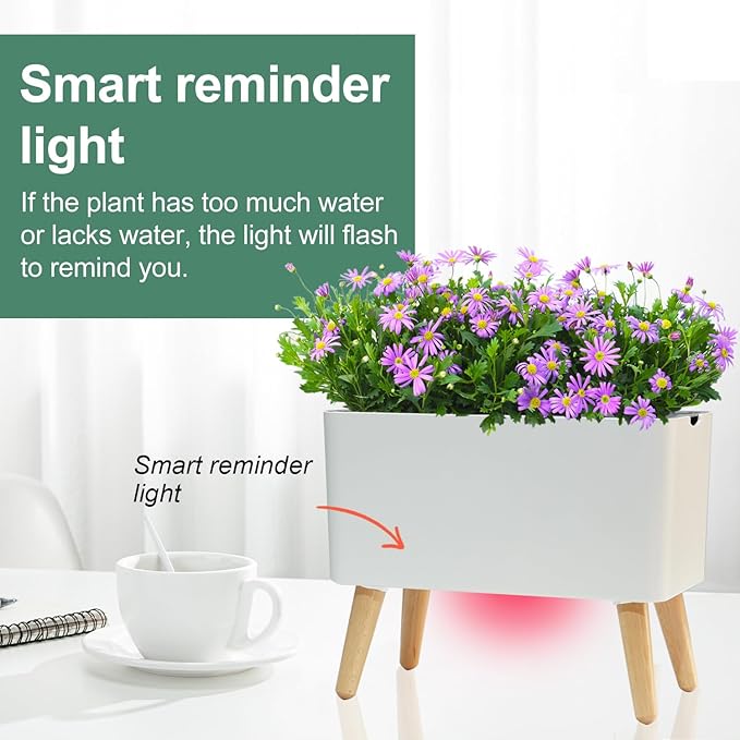 13.5 Inch Indoor Decorative Planter Pot with Solid Wood Legs, Self Watering Pots with Water Shortage Alarm Plant Pot for Modern Flower Planter for Home & Garden(White)
