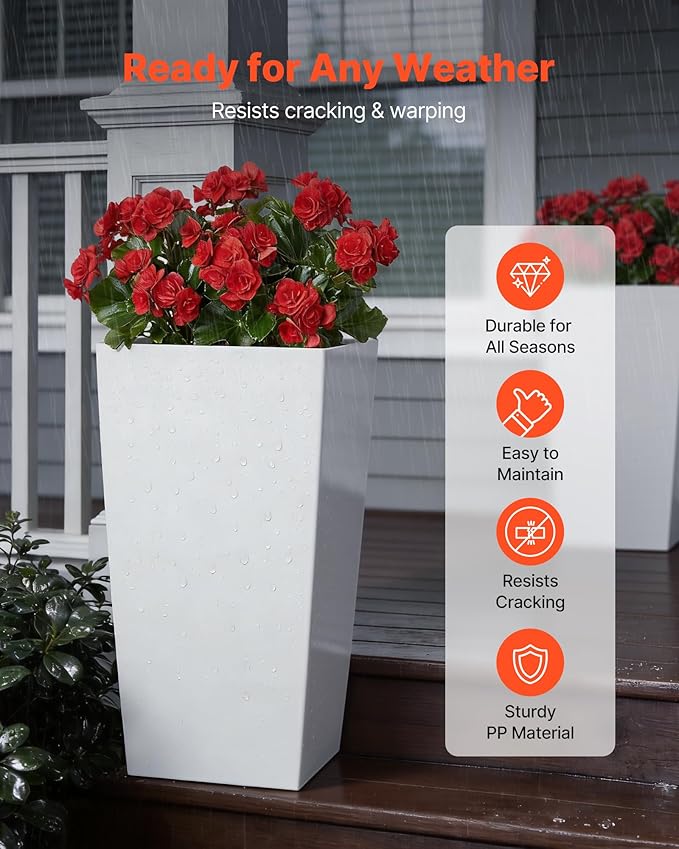 VEVOR 30 inch Tall Planters for Outdoor Plants Set of 2, White Tall Planter for Indoor Plants, Modern Large Planters for Front Porch Patio Balcony, Plant Container Flower Pots with Built-in Drainage