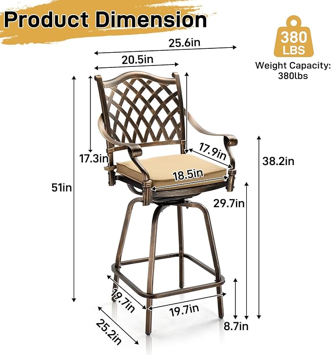 VINGLI Outdoor Swivel Bar Stools Set of 2, Cast Aluminum All-Weather Patio Bar Height Chairs, Patio Bar Dining Chairs Outdoor Swivel Patio Furniture (Grid Back)