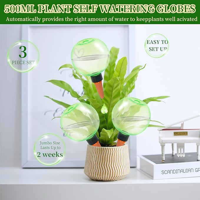 3pcs Large Plant Self Watering Globes, 17.5 oz Plastic Water Bulbs Top Fill, Plant Watering Devices System Slow Release Terracotta, Water Spikes Stakes for Indoor(3pack)