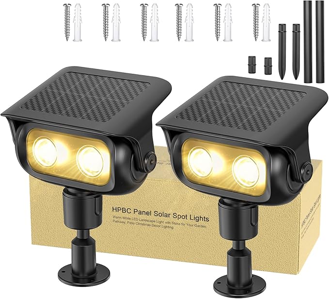 Solar Landscape Spotlights Outdoor Waterproof IP67, Warm White LED Spot Lights for Tree Flag Garden, Adjustable Solar Uplights Auto On Off with 2 Brightness Mode