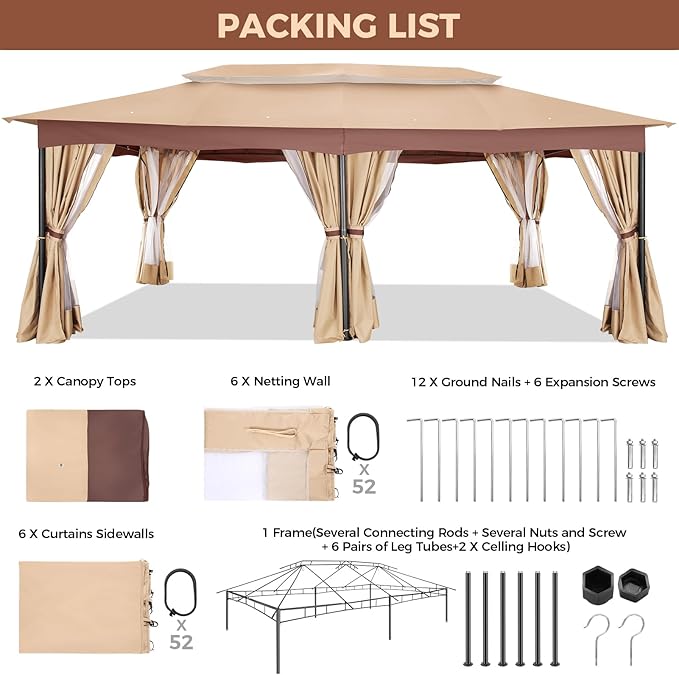 COBIZI Gazebo 12x20 Heavy Duty Gazebos with Curtain and Netting Outdoor Gazebo Canopy Double Roof Patio Gazebos with Metal Steel Frame for Patio, Deck, Backyard-Khaki