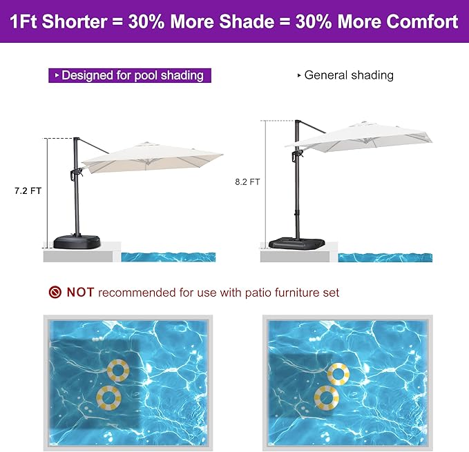 PURPLE LEAF 8' X 8' Patio Umbrella with Wheeled Base for Pool 7' High Offset Outdoor Cantilever Umbrella Swimming Pool Umbrella with 360°Rotation for Poolside Beige