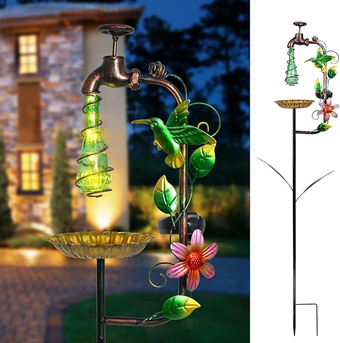 Bshine Solar Garden Decoration Outdoor Light - Waterdrop Metal Hummingbird Solar Stake,Waterproof Garden Decor Path,Lawn and Yard Art Gift for Mom, Green