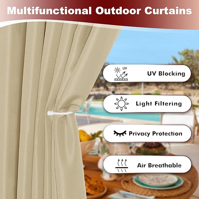 HolidayIdeas Grommet Outdoor Curtains for Patio Waterproof 8 Pcs All Weather Balcony Outside Curtains for Apartments, Gazebo, Pergolas, Porch, 54x120 Inch, Cream