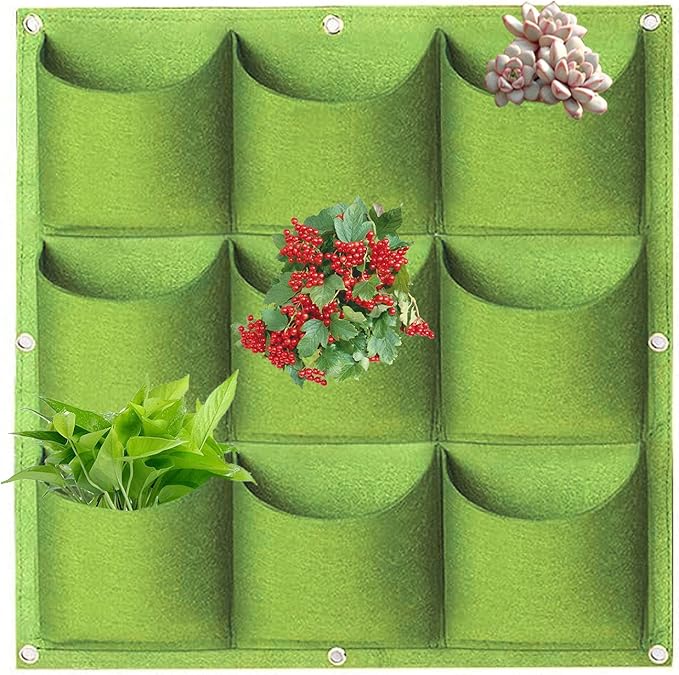 Hanging Planting Grow Bags, 9 Pockets Hanging Vertical Wall Planter Wall Mounted Grow Bag Outdoor Indoor Gardening Vertical Greening Flower Container, Planting Bags Storage Bags(0.5 m × 0.5 m, Green)