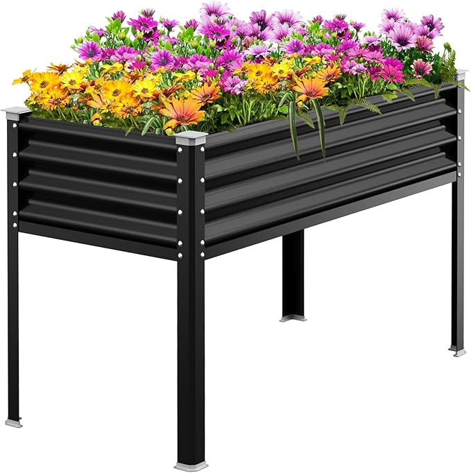 Raised Garden Bed with Legs, 48×24×32in Galvanized Raised Garden Beds Outdoor Elevated Metal Planter Box for Gardening Vegetables Flowers Herb （Black）