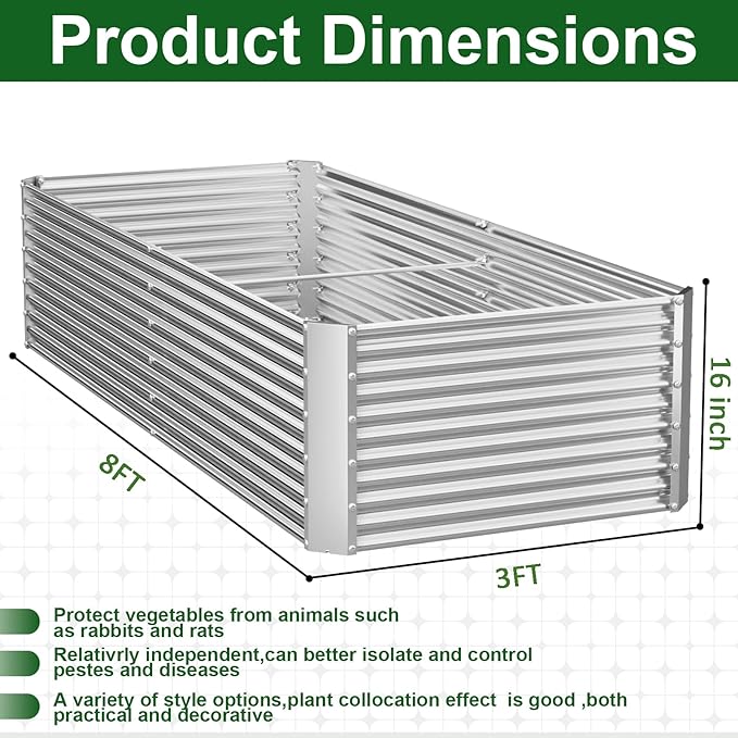 2 Pack Tall 8x3FT Corrugated Galvanized Steel Raised Garden Bed Outdoor, Metal Above Ground Garden Bed for Vegetables and Flowers, Rectangle Raised Beds for Gardening