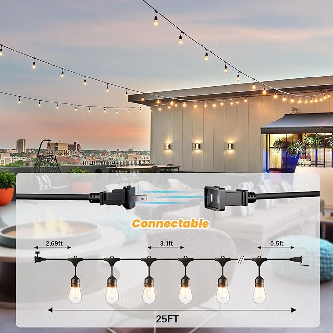 Svater 25 FT Outdoor String Lights 2W, Patio Light for Outside with 9 Antique S14 Plastic LED Bulbs, IP65 Waterproof Hanging Cafe Market Lighting, ETL-Listed Dimmable Warm White 2700K
