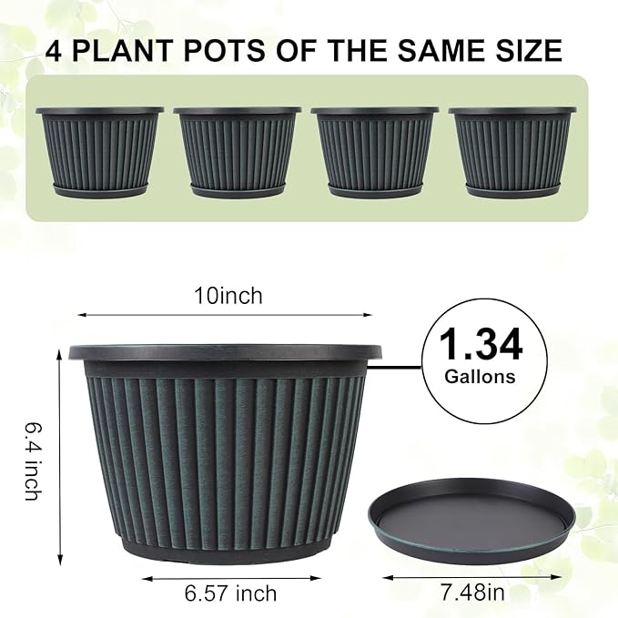 Planter-Pots-for-Plants-Indoor-Outdoor, 4 Pack 10 Inch Plastic Flower Pots with Saucer & Drainage Holes, Modern Garden Planters for Planting Medium Large Plants，Decorative Resin Garden Pots