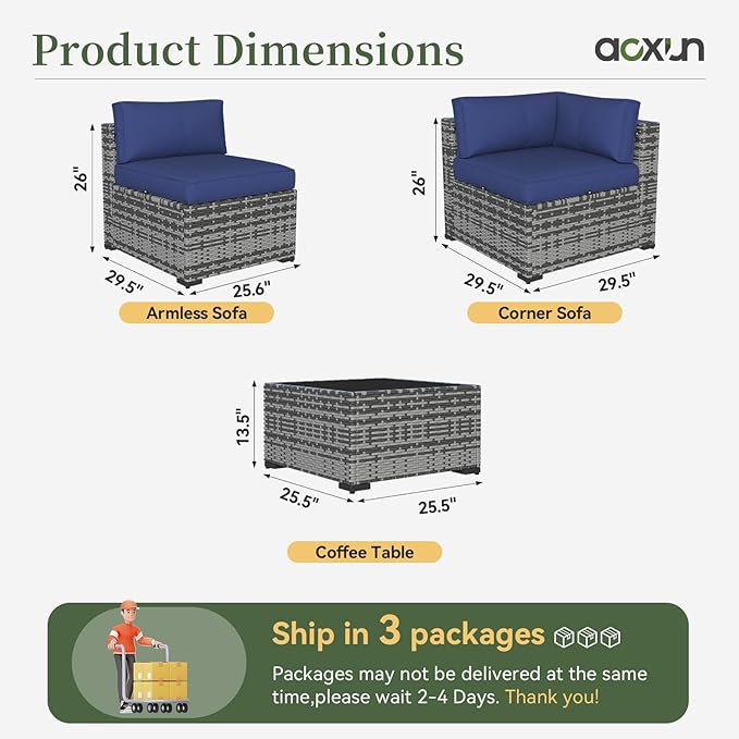 Aoxun 11 Piece Patio Furniture Set Wicker Rattan Patio Conversation Set Outdoor Sectional Sofa Set with Coffee Table and Thickened Cushions, Gray/Blue(Waterproof Cover Included)