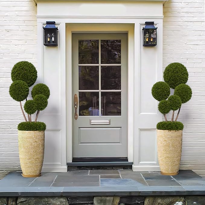 QCQHDU Set of 2 9 Gallon Tall Large planters for Outdoor/Indoor Plants of 12" Dia x 21" H Round Flower Pots Set Faux Stone Finish Front Door Patio Square Porch Planters with Tray, Beige