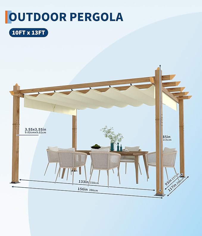 GarveeLife 10 x 13 ft Wood-Grain Aluminum Pergola Outdoor Pergola with Retractable Canopy Sun Shade Shelter for Garden Patio Backyard Deck - Beige