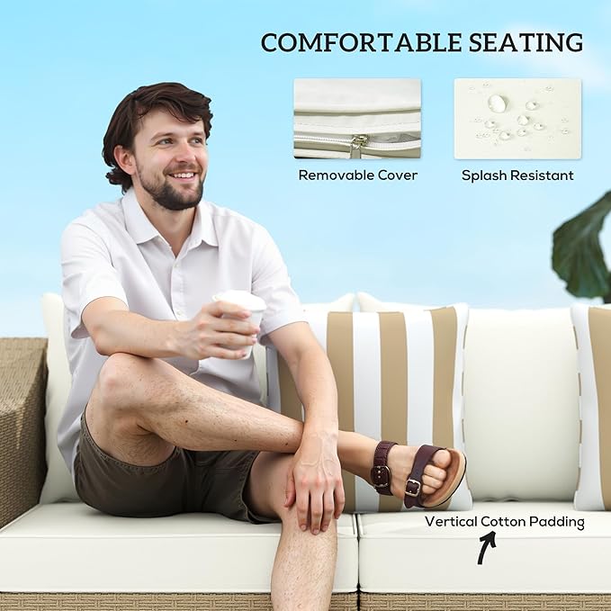 Outsunny 3 Seater Patio Sofa, Wicker Sofa with Cushions, Outdoor Furniture Rattan Couch with 2 Throw Pillows, Deep Seating, for Garden, Backyard, Porch, Cream White
