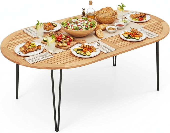 Tangkula 79" Large Patio Dining Table for 6, Acacia Wood 6-Person Dining Table with 2.5" Umbrella Hole & Metal Legs & Adjustable Foot Pads, Oval Outside Table for Garden, Poolside & Backyard