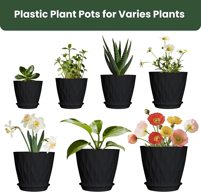 7/6.5/6/5.5/5/4.5/4 inch Plastic Plant Pots, 7 Pack Flower Planter for Indoor Outdoor Plant, Planters with Drainage Holes and Trays (Black)
