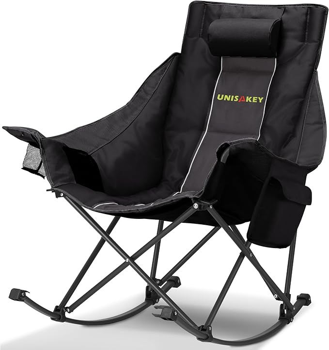Oversized Rocking Camping Chair with Headrest & Cup Holder - 400lbs Capacity, 600D Oxford Fabric, Easy Fold Portable Outdoor Rocker Chair for Camping, Backyard, Beach, Deep Gray
