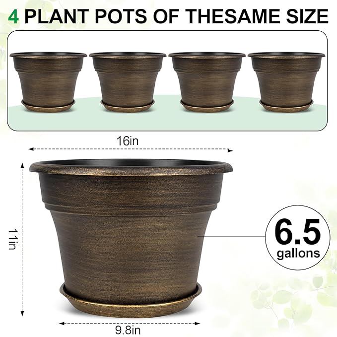 16 inch Plant Pots Outdoor Planters，4 Pack Large Plastic Flower Pot For Indoor Plants With Drainage Holes & Saucer, Resin Decorative Container Sets With Trays For House Outdoor Garden Plant Dark Gold