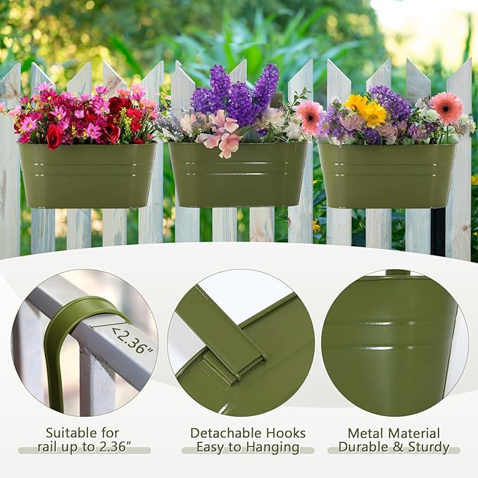 3 Pack Metal Railing Planters, 10.5" Oval Hanging Flower Pots with Detachable Hooks & Drainage Holes, Fits Rails up to 2.36", Galvanized Iron Fence Bucket for Balcony Garden Patio - Green
