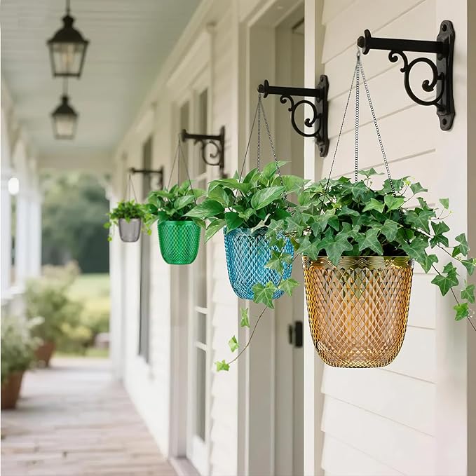 QCQHDU Self Watering Hanging Pots, 2 Pack 7.2 Inch Hanging Planters for Plants Indoor, Outdoor Flower Pots with Drainage Holes and 3 Hooks Chains for Garden Home (Gold)