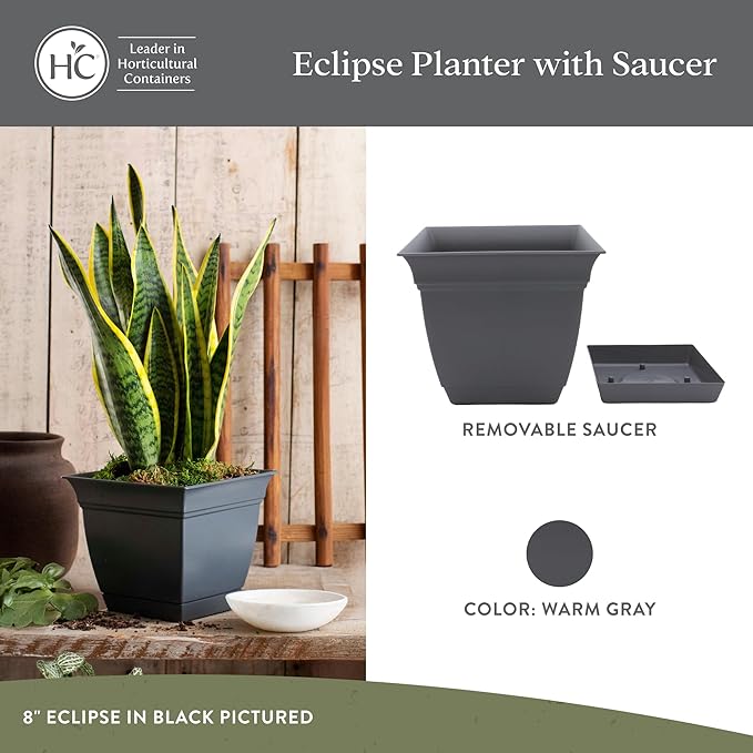 The HC Companies Eclipse Square Plastic Planter w/ Attached Saucer - Outdoor & Indoor Plant Pot with Drainage Holes - Lightweight, UV-Resistant Plastic Pots For Plants (6” Warm Gray, Pack Of 1)