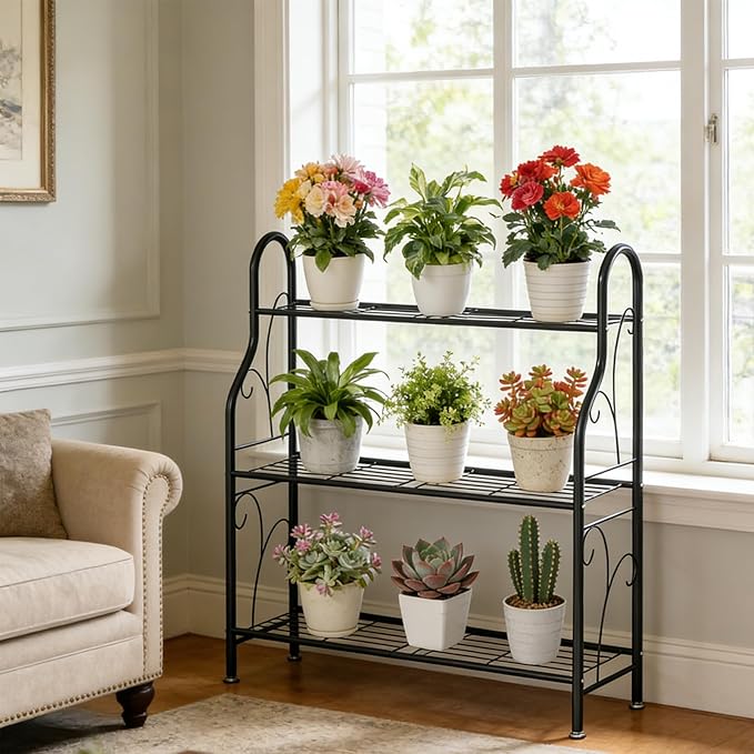 SORCEDAS Plant Stand Indoor Outdoor Plant Shelf 3 Tier Metal Corner Flower Stand Multiple Holder for Patio Garden Balcony Living Room, Dark Grey
