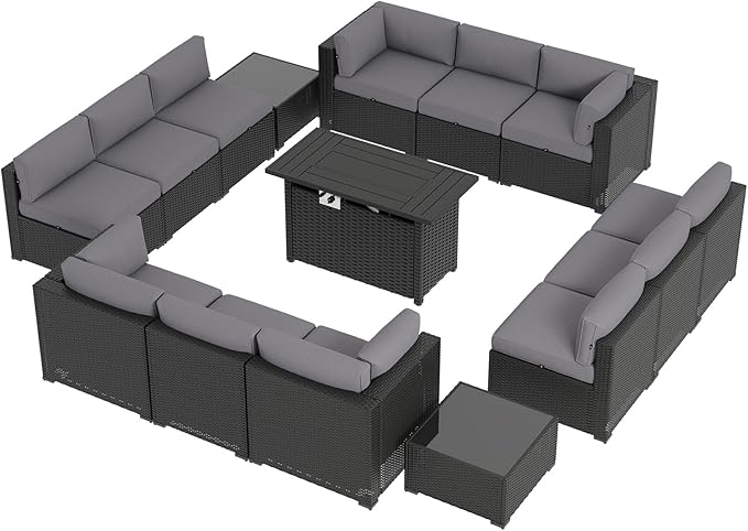 Aoxun 15 Piece Patio Furniture Set with 44” Fire Pit Table Wicker Rattan Patio Sectional Sofa Set Outdoor Seating Furniture with Thickened Cushion, Grey