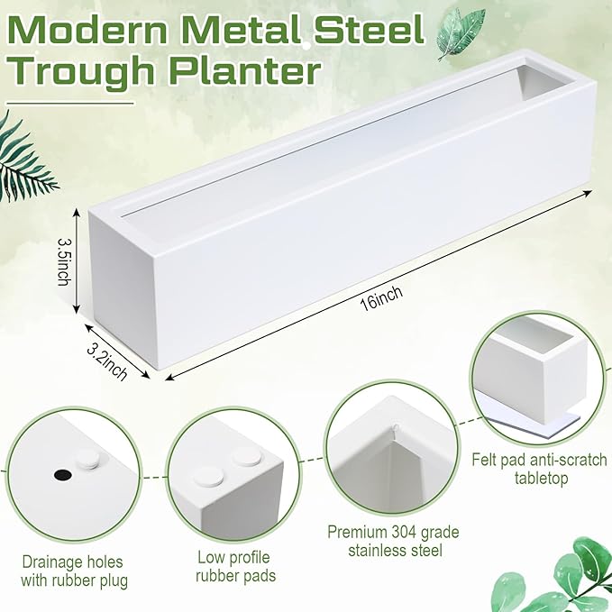 16.1 x 3.2 x 3.5 Inch Long Rectangular Planter Box Window Sill Plant Box Metal Water Trough Indoor Large Modern Steel with Drainage Holes Herb Garden Home(White)