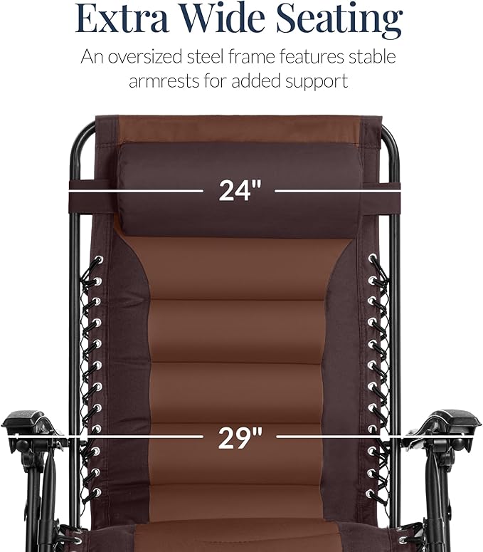 Best Choice Products Oversized Padded Zero Gravity Chair, Folding Outdoor Patio Recliner, XL Anti Gravity Lounger for Backyard w/Headrest, Cup Holder, Side Tray, Polyester Mesh - Espresso/Brown