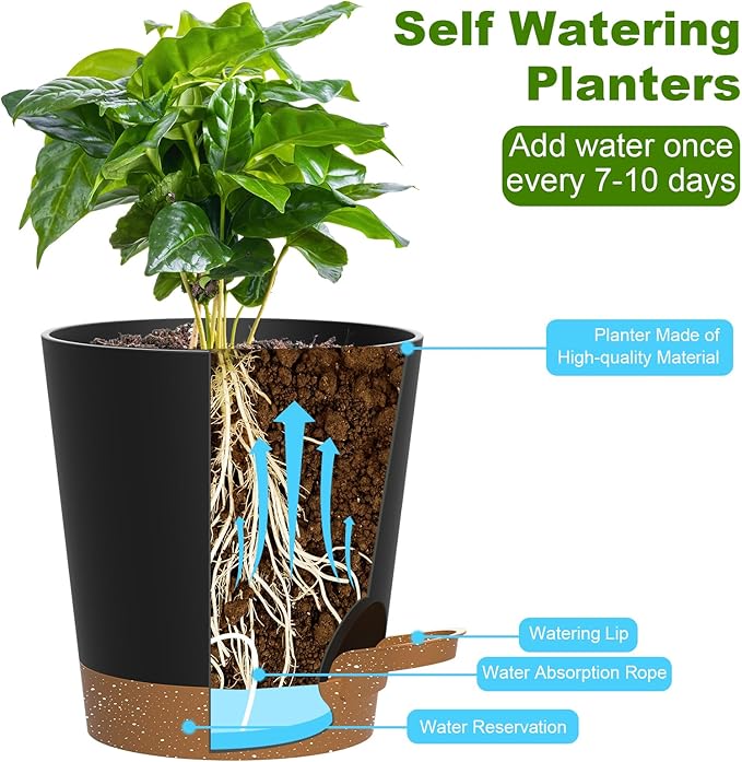 Self Watering Pots, 7/6.5/6/5.5/5/4 inch Flower Pots with Multi Mesh Drainage Holes, Small Platic Planters for Indoor Outdoor Garden Plants and Flowers (Black with Brown Tray, 7"+6.5"+6"+5.5"+5"+4")