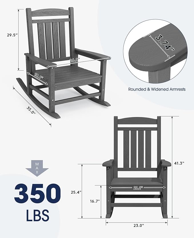 KINGYES Oversized Outdoor Rocking Chair Set of 4, High Density Polyethylene Patio Rocking Chairs with 330lbs Support for Adults, Gray