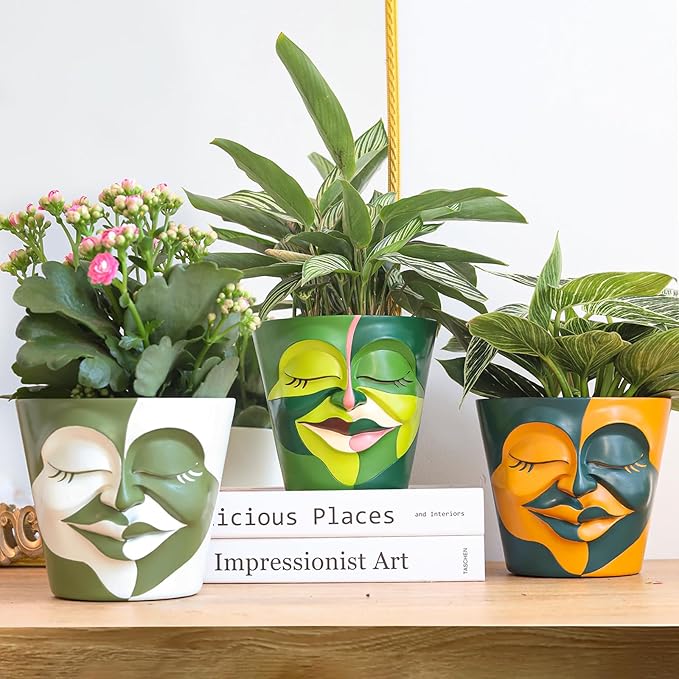 GUGUGO 8 Inch Abstract Rainbow Head Planter, Unique Face Plant Pot with Drainage, Cute Eclectic Flower Planters Pots for Indoor & Outdoor Plants, Colorful Funny Room Decor Aesthetic, Red & Blue