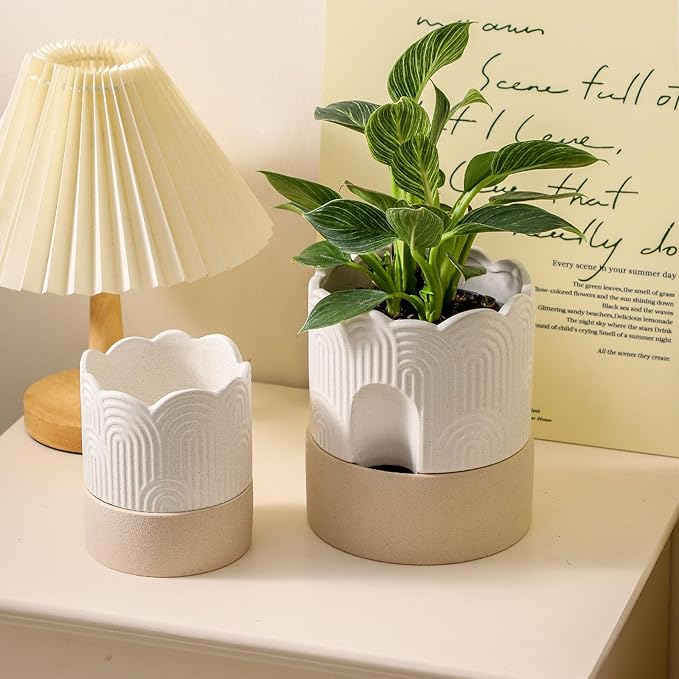 Nihow Self Watering Plant Pot for Indoor Plants: 4.5+6 Inch Ceramic Planter with Drainage Hole & Water Storage Plus - Cylinder Flower Pot with Wick for Herbs -Beige & Nature