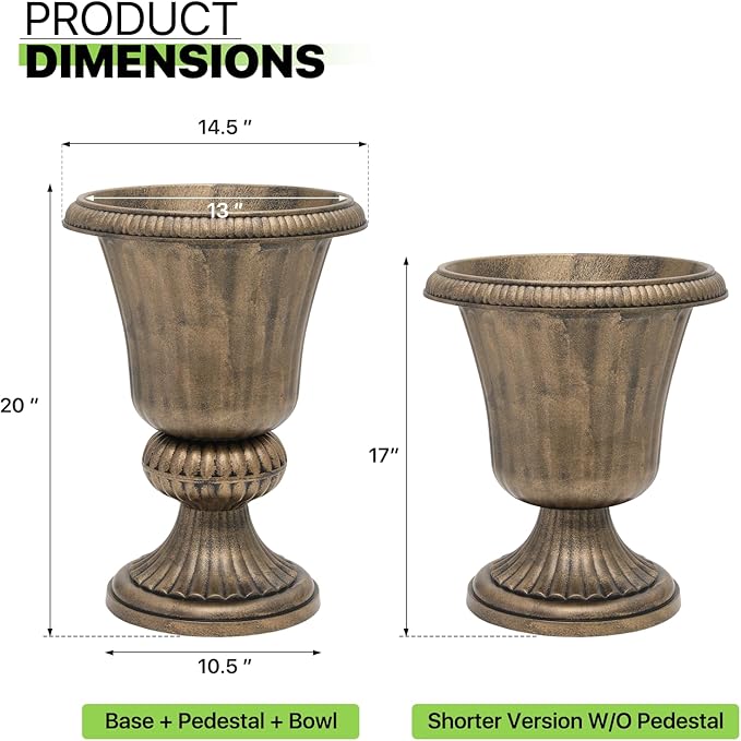 Magshion 20" Urn Planters for Outdoor Plants, Large Decorative Front Porch Planters Set of 2, Weatherproof Tall Plastic Flower Pots for Garden, Patio & Entryway Décor, Antique Brass