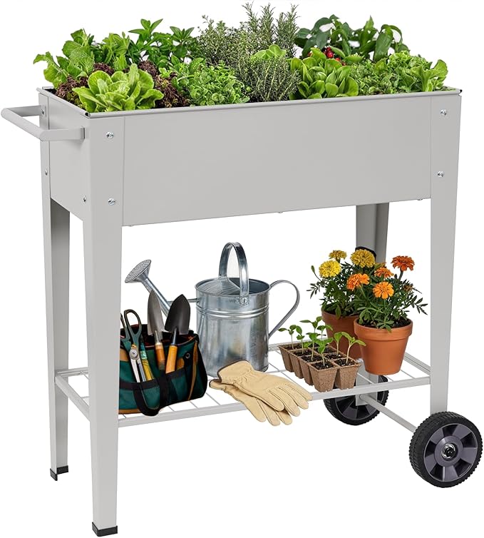 Elevated 32" Tall Raised Garden Bed with Legs and Wheels for Mobility, Metal Planter Boxes Outdoor with Shelf, Raised Bed for Gardening Vegetables/Herbs, Backyard, Patio, Balcony, Grey