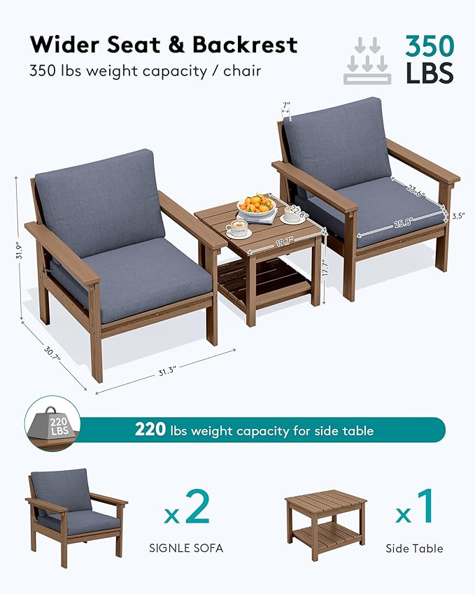 SERWALL HDPE Patio Sofa Set, 3-piece Sectional Outdoor Furniture Set, All Weather Outdoor Couch Set Patio Furniture Set for Deck, Lawn, Brown Frame with Grey Cushion