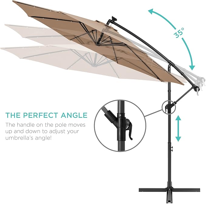 Best Choice Products 10ft Solar LED Offset Cantilever Hanging Market Patio Umbrella, 8 Sturdy Ribs, Easy Adjustment - Tan