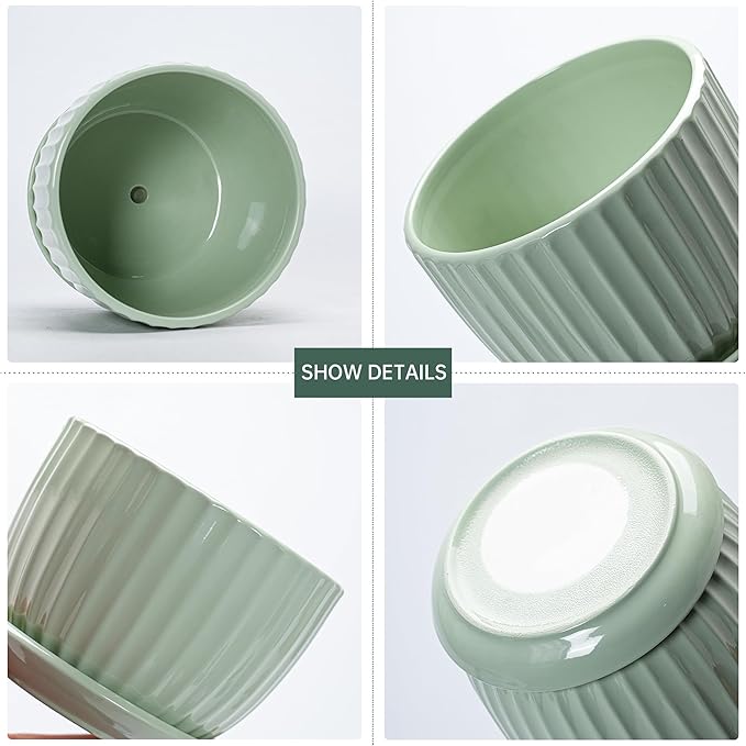 Ton Sin Flower Pots, Light Green Ceramic Plant Pots Set of 3,Small Glazed Succulent Pots with Drainage Hole,Cactus Planter with Saucer,Outdoor Garden Pots (Green)