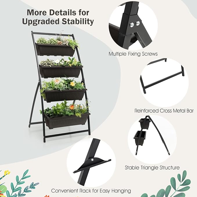 Giantex 5.2FT Vertical Raised Garden Bed, 4-Tier Elevated Planter Box w/4 Containers & Drainage Holes, Indoor Outdoor Freestanding Planter for Vegetables, Herbs, Flowers, Heavy-Duty Metal Frame
