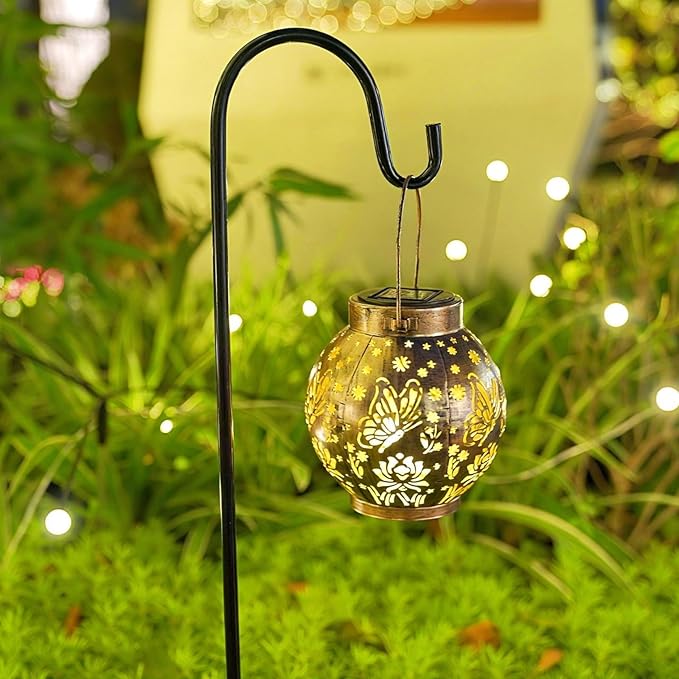 2 Pack Outdoor Solar Hanging Lantern Lights Metal LED Decorative Lamp for Garden Patio Courtyard Lawn and Table with Hollowed-Out Design (Bronze Butterfly)