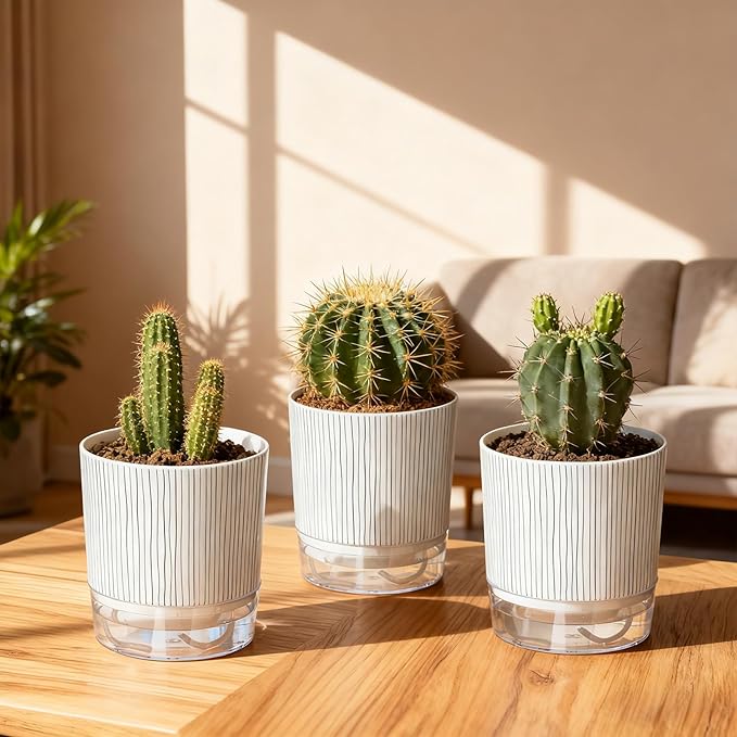 3 Pack Self Watering Pots Set, 4 Inch Self Watering Pots for Indoor Plants, Planter Pot with Wick Rope and Reservoir for African Violet, Spider Plant, Orchid