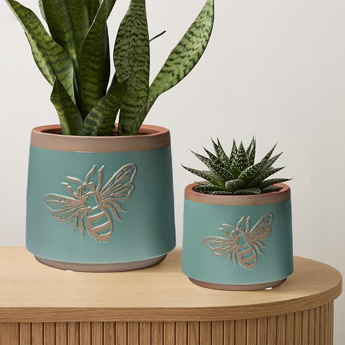 YBX Terracotta Pots with Drainage Holes, Bee Decor, Planter for Indoor Plants, Flower Pots Indoor Succulent, Herbs, Snake Plants (Turquoise, 6+4 Inch)