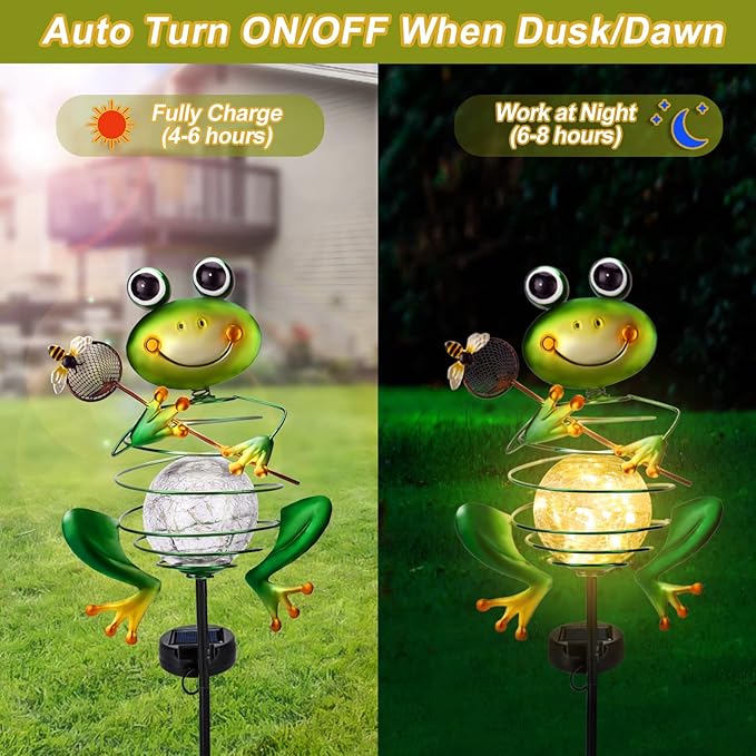 Frog Solar Garden Light - Metal Stake Light with Crackle Glass Waterproof Globe, Solar Power LED for Garden, Lawn, Patio, Pathway Decor