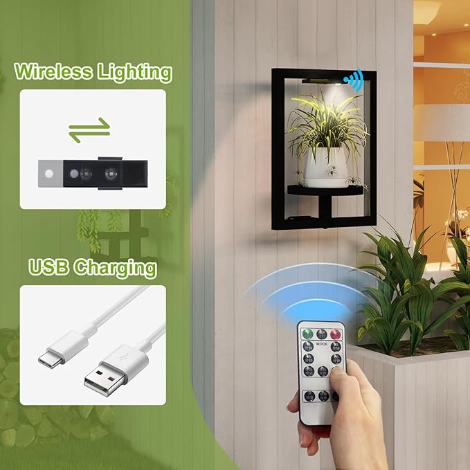 BAOYOUNI 2 Pack Picture Frame Wall Plant Holder with Light,Metal Window Plant Shelf，Modern Floating Plant Stand for Indoor Outdoor Patio Balcony Garden Living Room Bedroom