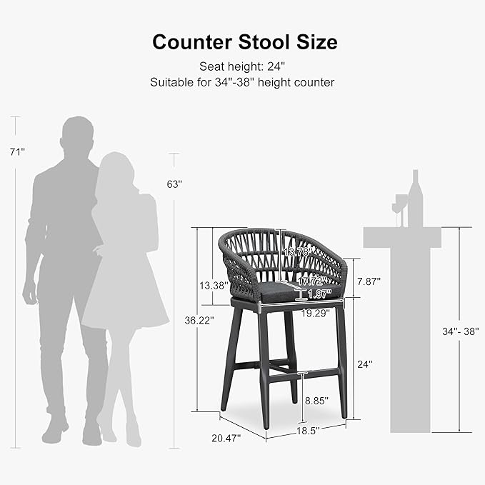 PURPLE LEAF Outdoor Rattan 24" Counter Height Bar Stools Chair Set of 2, Modern Upholstered Patio Bar Stool with Backrest for Indoor and Outdoor, Kitchen Island, Grey